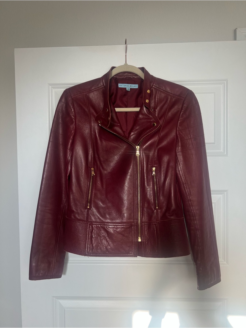 ANTONIO MELANI Wine Red Leather Moto Jacket with Gold Hardware